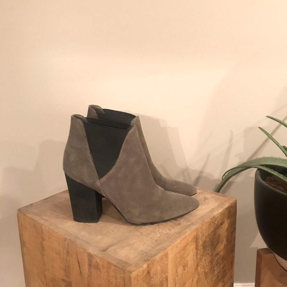 Grey suede crown vintage block heel Chelsea boot.